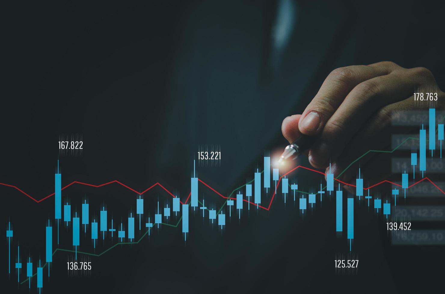 empresario mano comercio de divisas mercado de valores financieros por gráficos y gráficos de inversión en tecnología económica. foto