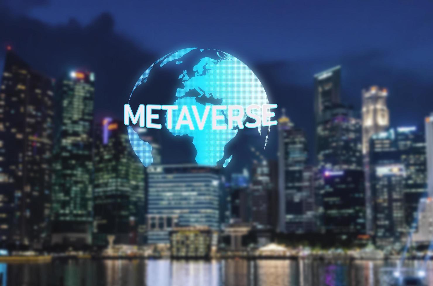 Globe and Metaverse text and office buildings. The concept of modern technology Metaverse Ai on the Internet. photo
