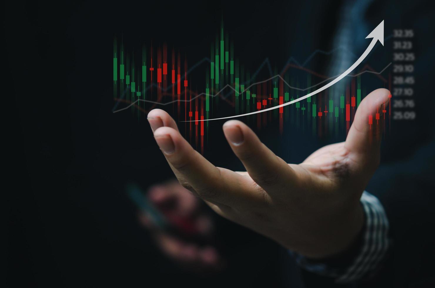 Finance and business investment concept. Stock and crypto investment funds.Businessman analyzing or trading Forex graphs of financial data candlestick chart. photo