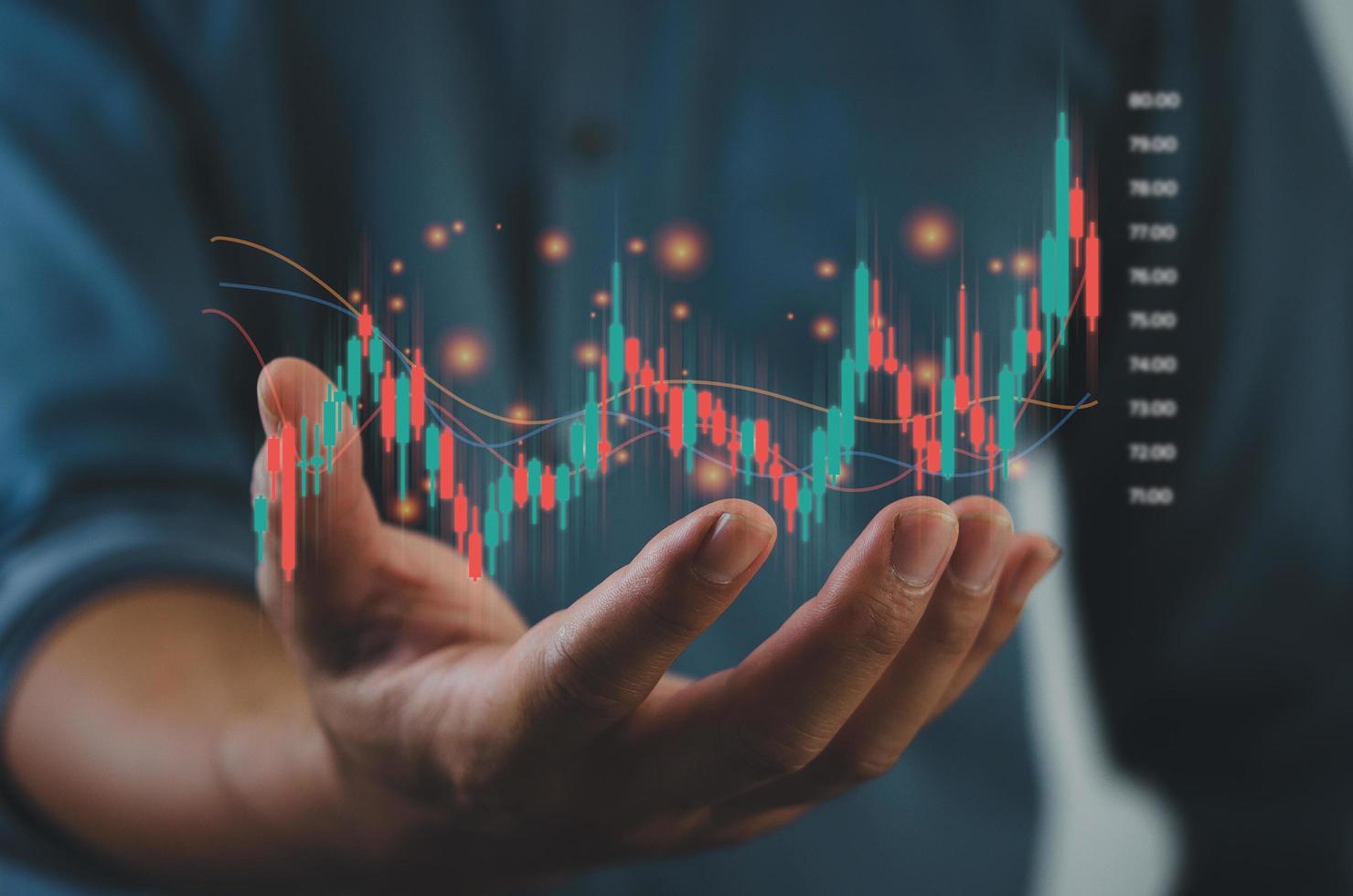 Finance and business investment concept. Stock and crypto investment funds.Businessman analyzing or trading Forex graphs of financial data candlestick chart. photo