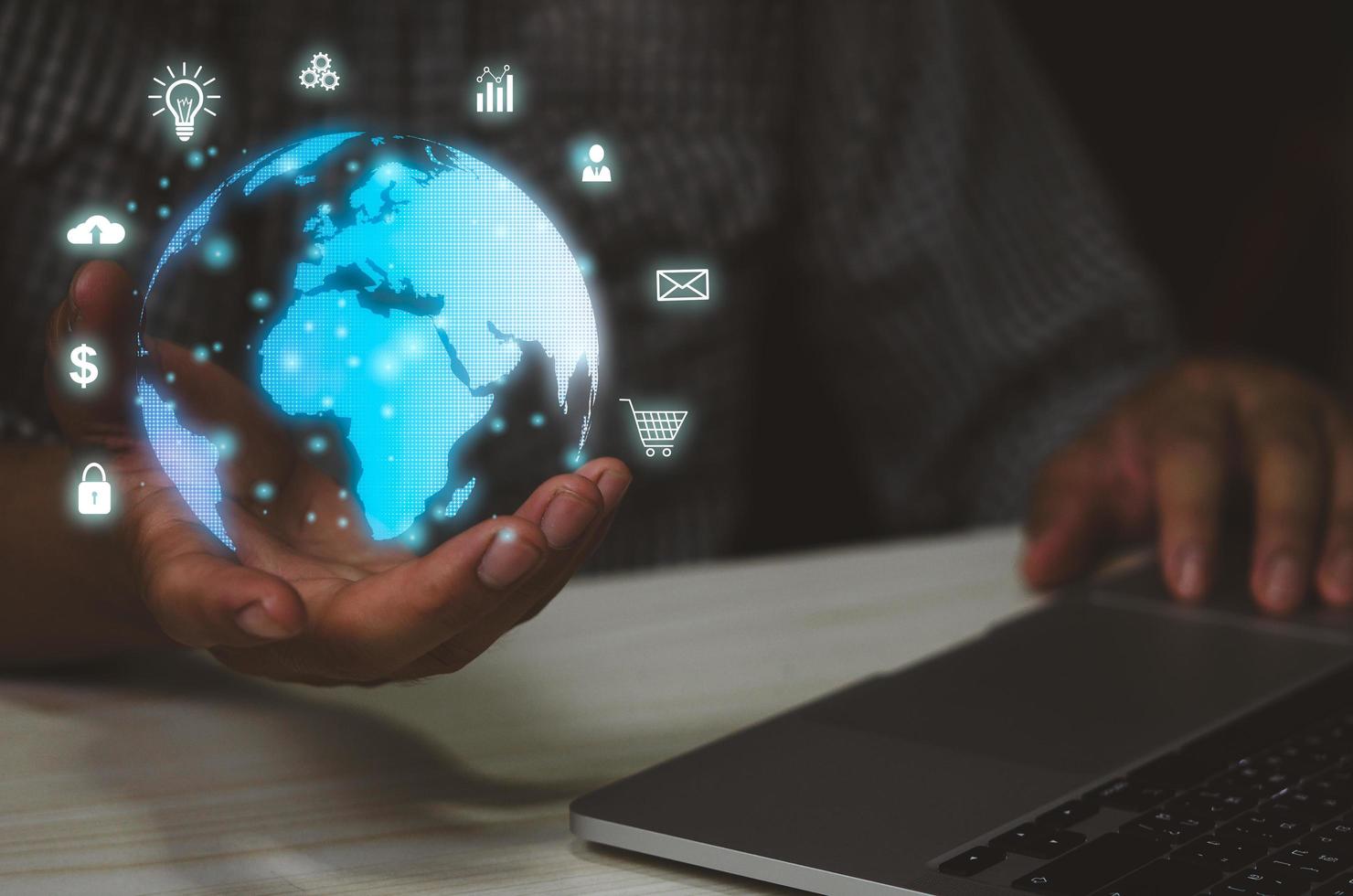 Man hand virtual world icon. Communication and use of modern Internet technology  Social Networking online marketing digital online.Business metaverse concept technology. photo