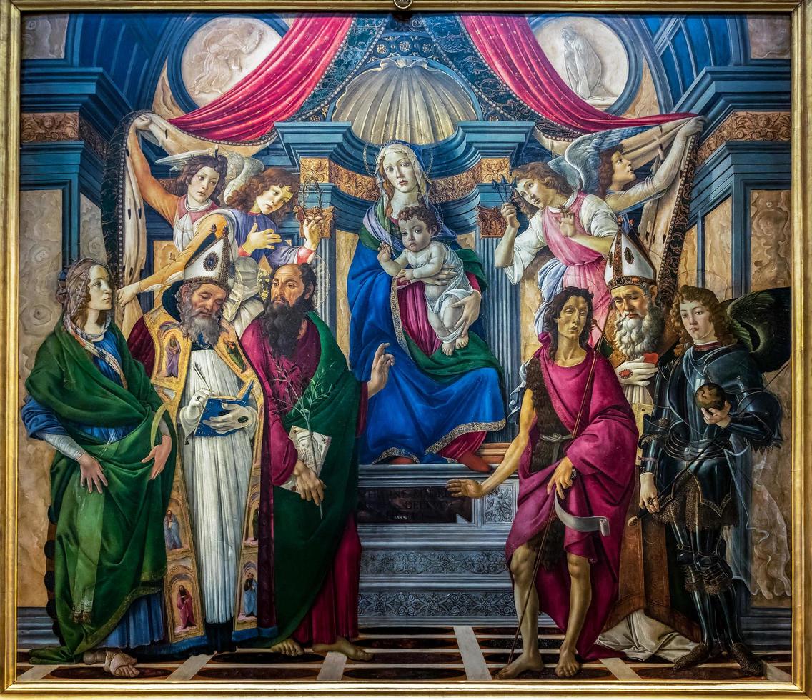 FLORENCE, TUSCANY, ITALY, 2019. Madonna and child enthroned with st Catherine of Alexandria painting in the Uffizi gallery photo