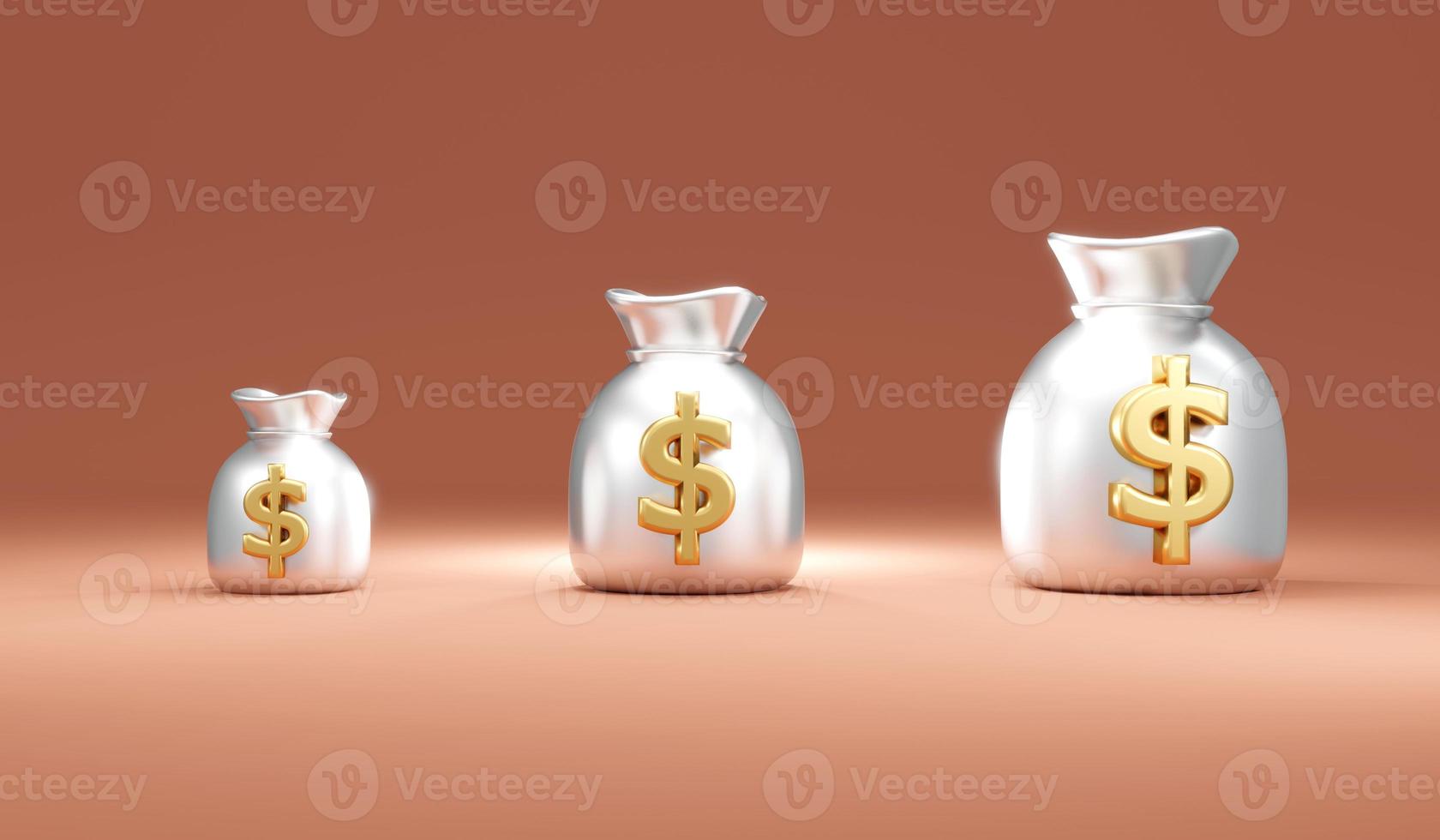 Concepto de representación 3d de bolsas de dinero plateadas con signo de dólar organizar de pequeño a grande en concepto de fondo de dinero, tesorería, inversión. procesamiento 3d foto