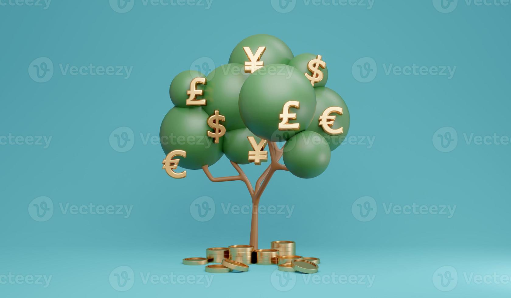 3D Rendering concept of money currencies. Fiat currency money tree on background. Symbols us dollar, pound sterling, euro, japan yen. 3D Render. 3d illustration. photo