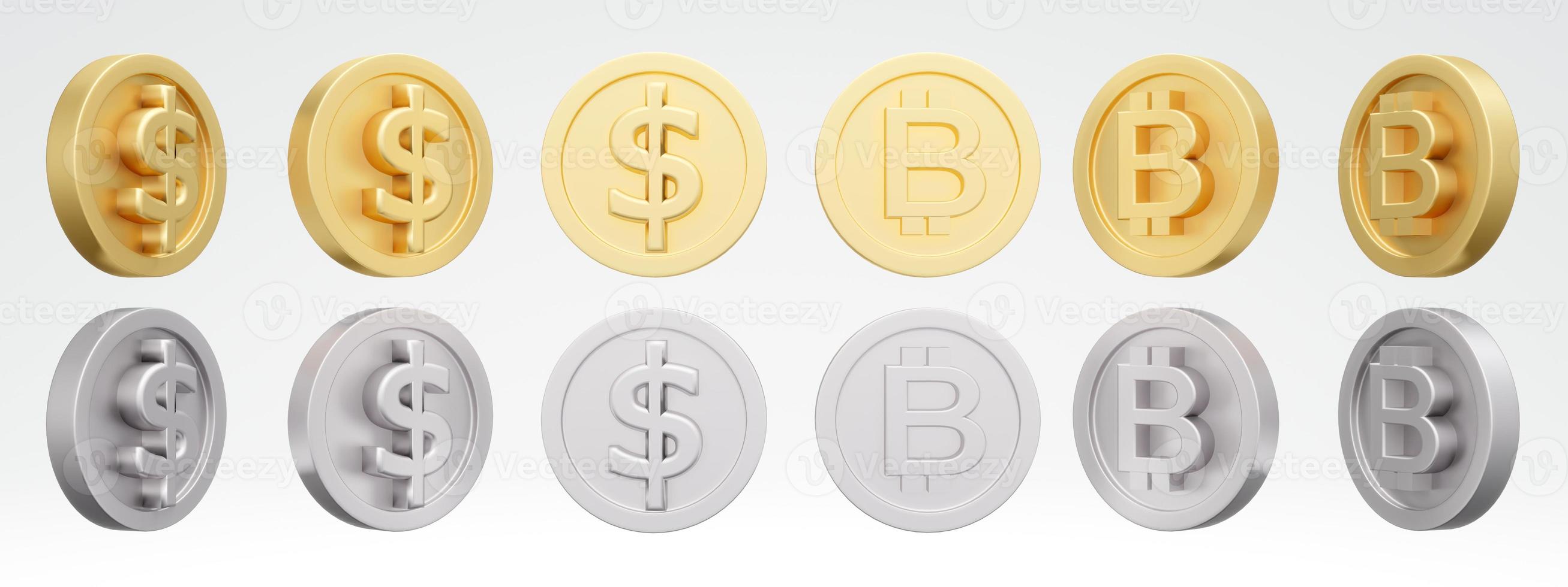 3D Rendering concept of rotation us dollar and bit coin golden and silver at different angles. Set of spinning coins in many views isolated on white background. 3D Render. 3d illustration. photo