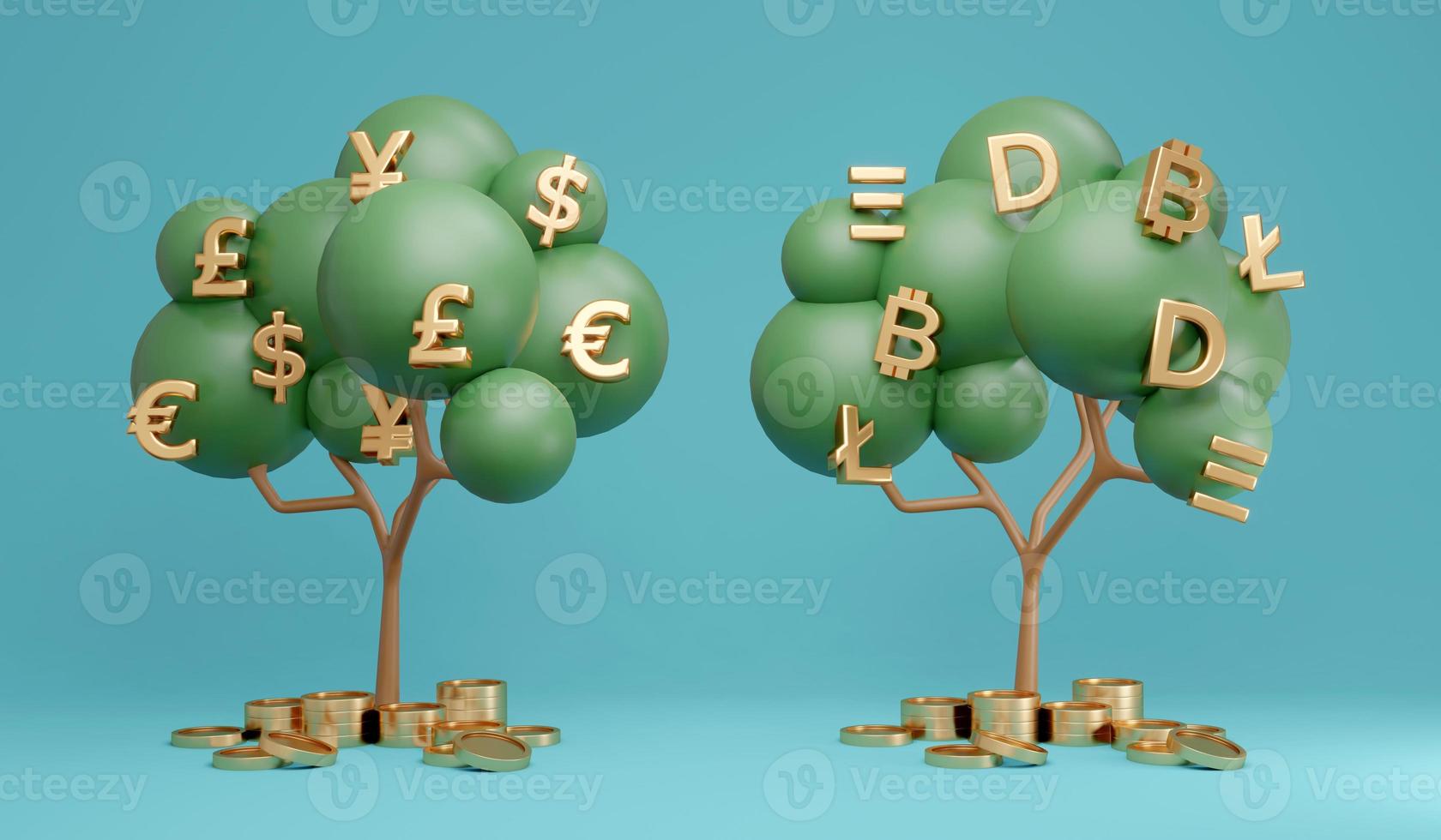 3D Rendering concept of money currencies comparison. Fiat currency tree and cryptocurrency tree on background. 3D Render. 3d illustration. Minimal idea style. photo