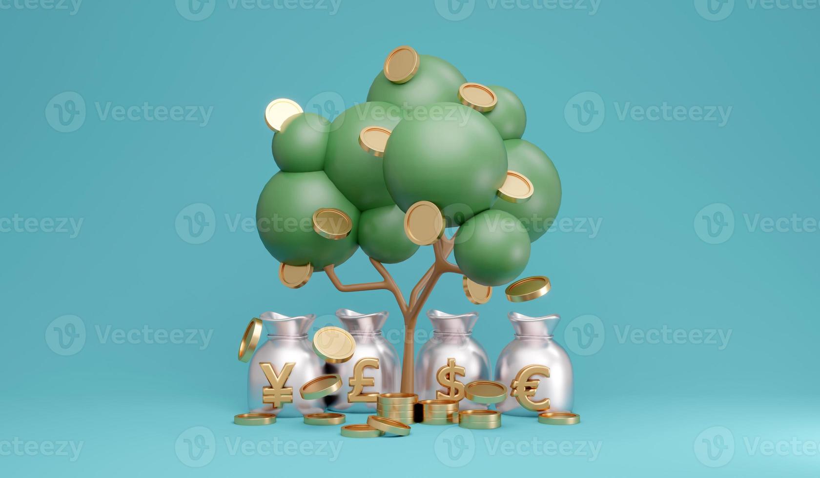 3D Rendering concept of money currencies. Money tree with coins and fiat currency on money bag on background. Symbols us dollar, pound sterling, euro, japan yen. 3D Render. 3d illustration. photo