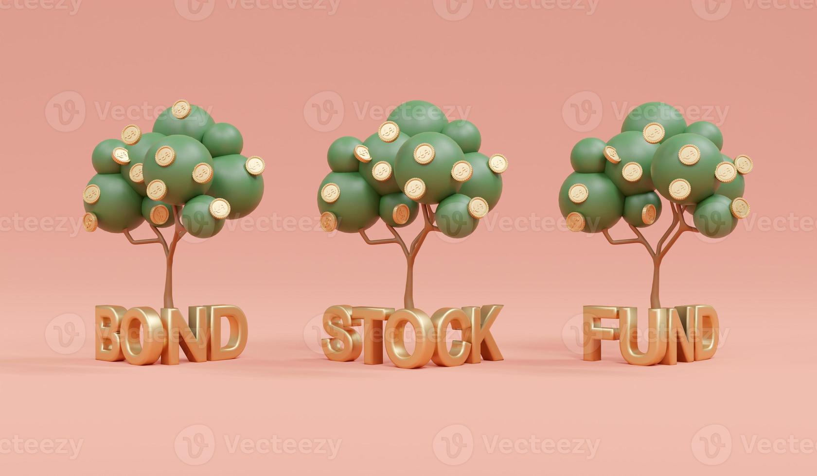 3D Rendering of growing of money tree on word bond stock fund on background concept of money portfolio diversification, investment, investment decision. 3D Render. 3D illustration. photo