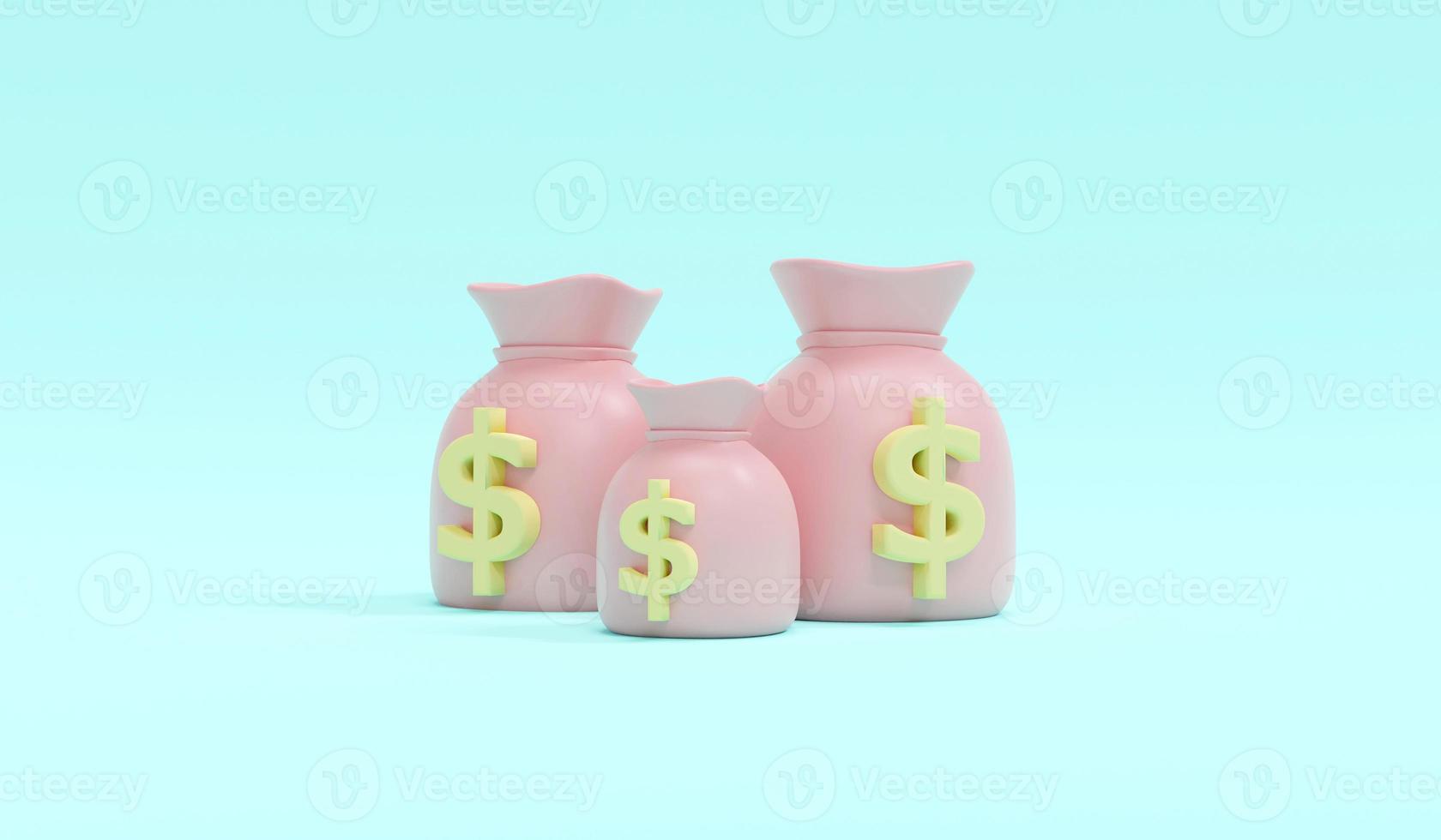 3D Rendering concept of money currencies. pastel fiat currency money bag with symbols us dollar on background. 3D Render. 3d illustration. photo