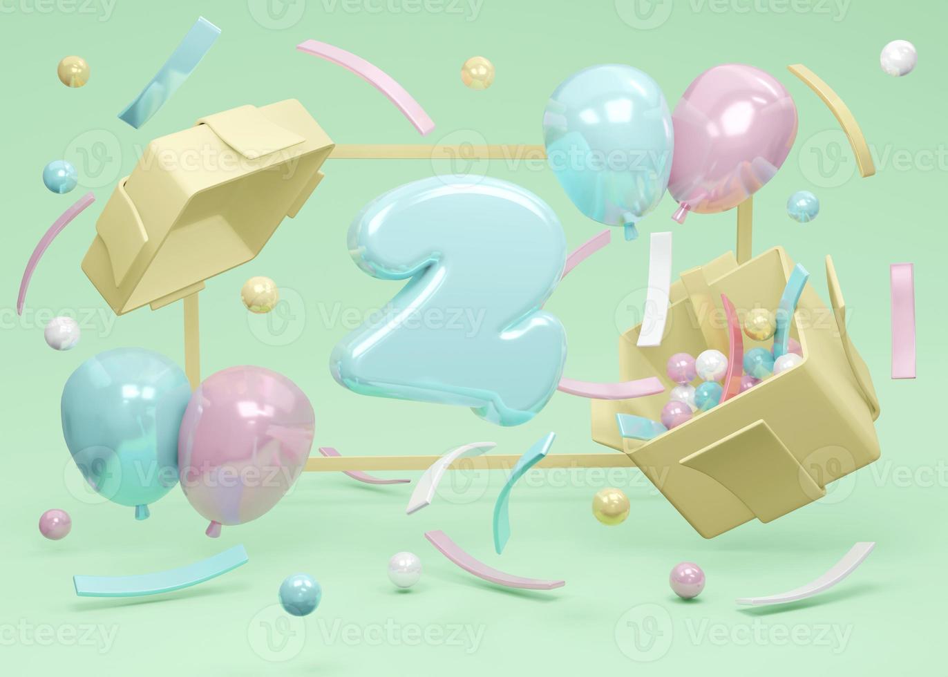 3D Rendering concept of happy birthday party. Number 2 birthday explode from gift box with balloons and confetti on green background. 3D Render. 3D illustration. Minimal design template. photo