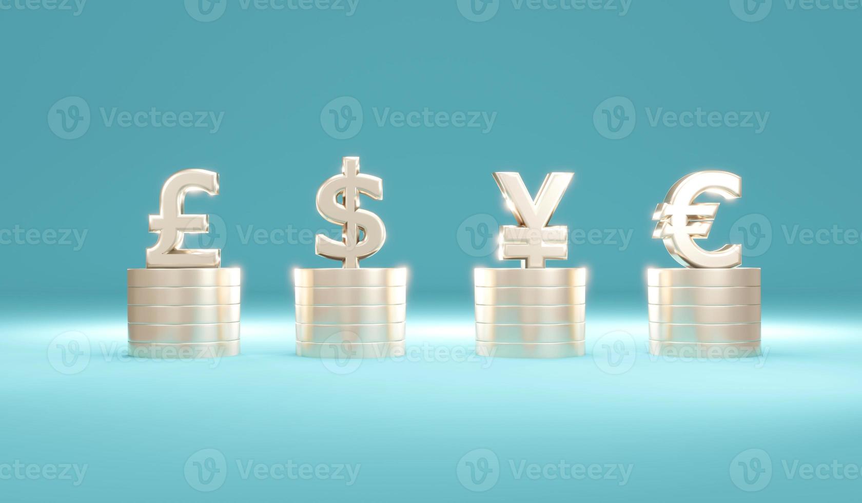 3D Rendering concept of money currencies. Fiat currency symbols on stack of coins on background. Symbols us dollar, pound , euro, japan yen. 3D Render. 3d illustration. photo