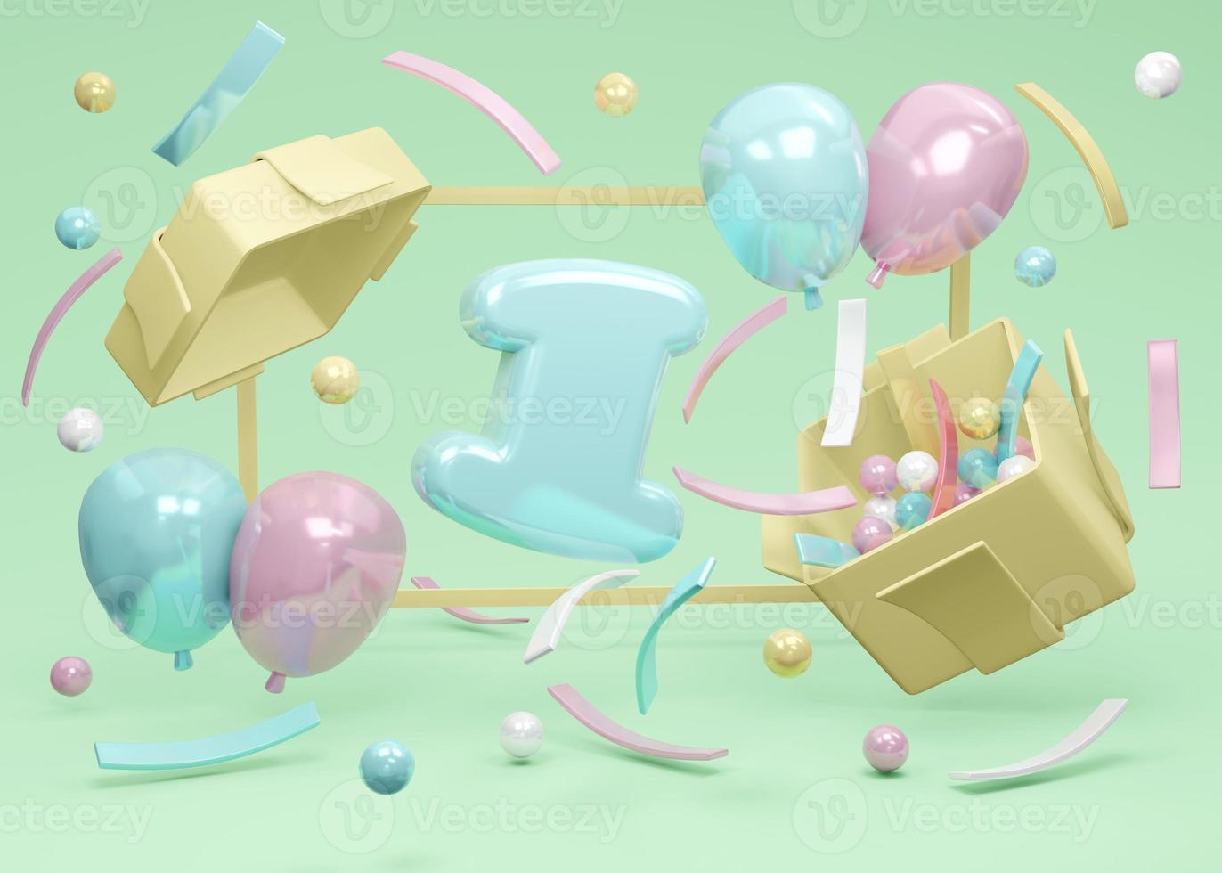 3D Rendering concept of happy birthday party. Number 1 birthday explode from gift box with balloons and confetti on green background. 3D Render. 3D illustration. Minimal design template. photo
