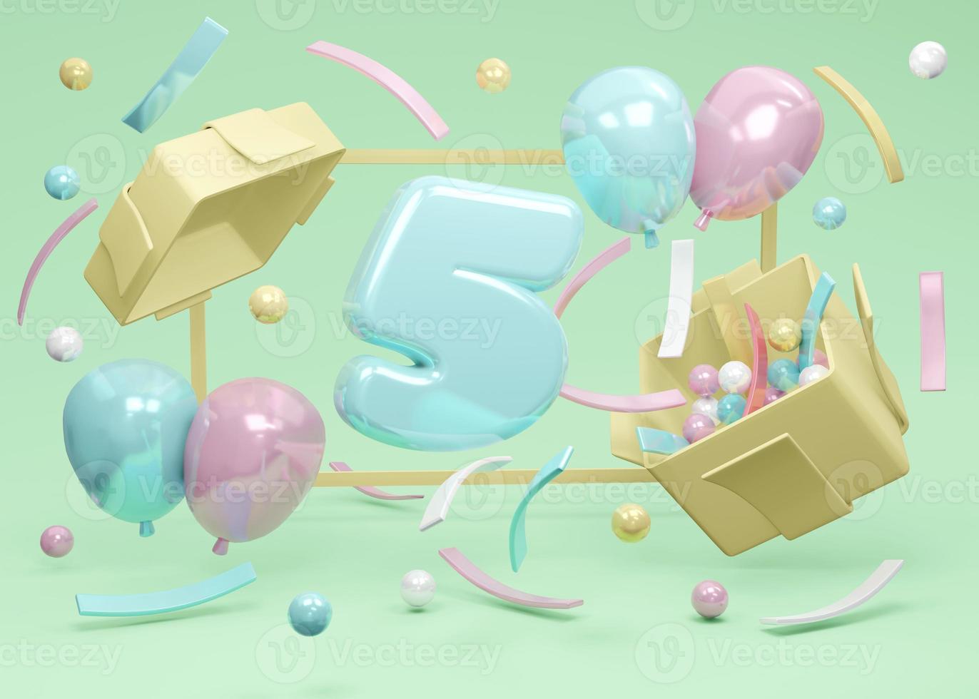 concepto de renderizado 3d de fiesta de cumpleaños feliz. el cumpleaños número 5 explota de una caja de regalo con globos y confeti sobre fondo verde. procesamiento 3d ilustración 3d plantilla de diseño mínimo. foto