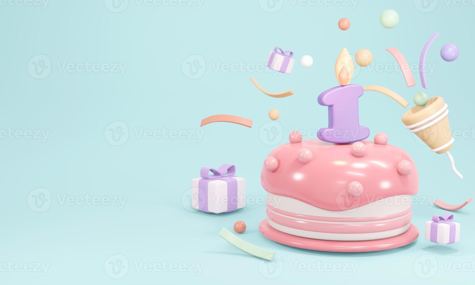 3D Rendering of pastel birthday cake party with candle number 1 with copy space on blue background. 3D Render illustration. photo