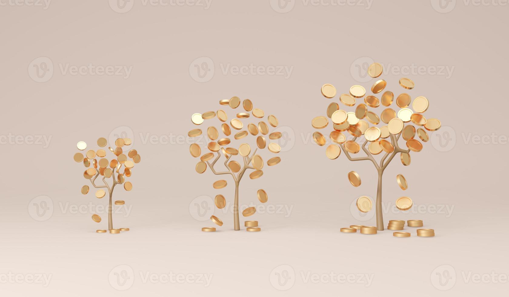 3D Rendering trees with coins falling down from small to big in gold theme on background concept of money tree financial investment. 3D Render illustration. Economic growth. photo