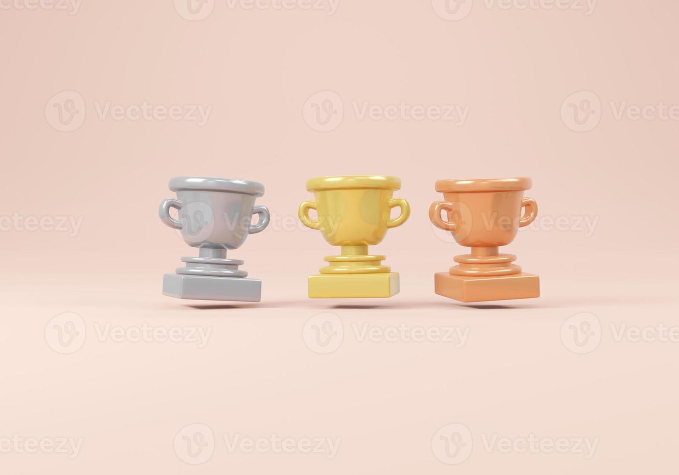 concepto de representación 3d del ganador. juego de trofeos en bronce dorado plateado sobre fondo rosa. procesamiento 3d ilustración 3d plantilla de diseño mínimo. foto