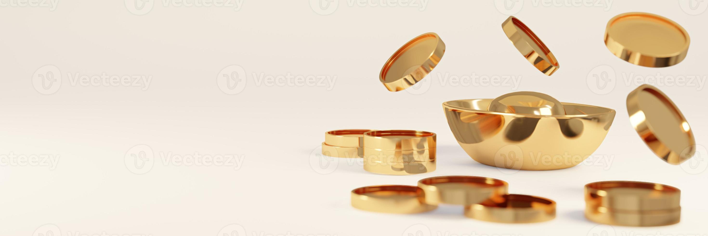 3D Rendering of panorama scene of shiny Chinese gold bars ingot and golden coins and copy space on white background banner. 3D Render illustration. photo