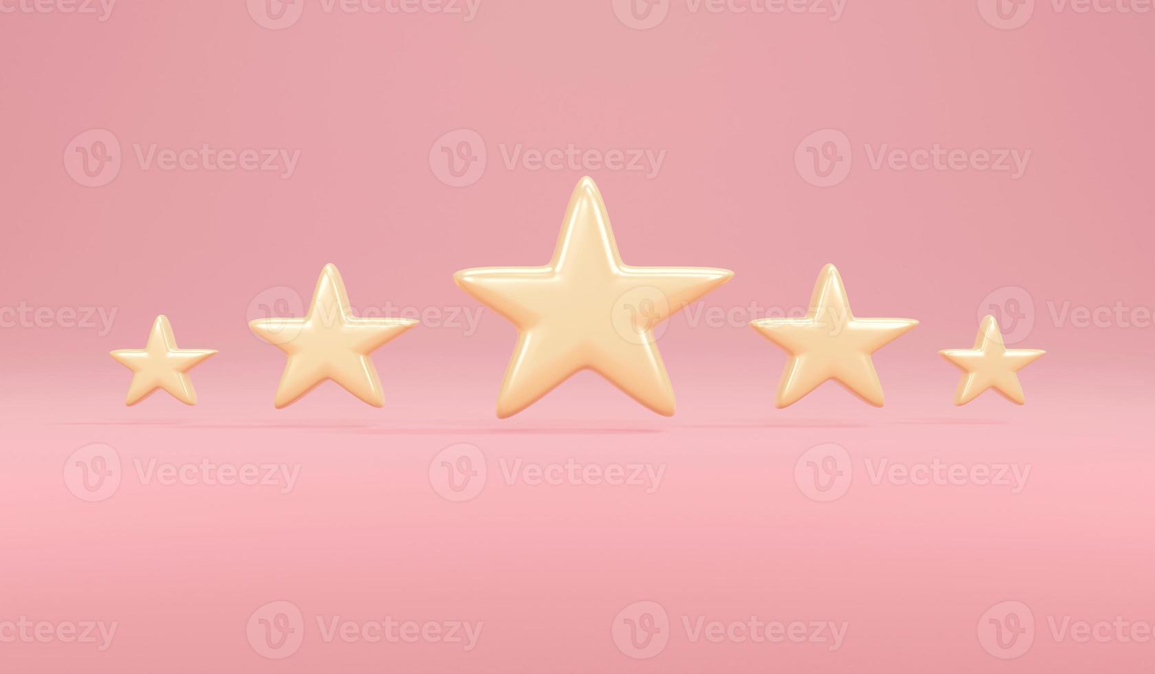 3D Rendering concept of review rating. Five stars in gold on pink background. 3D Render. 3D illustration. Minimal design template. photo