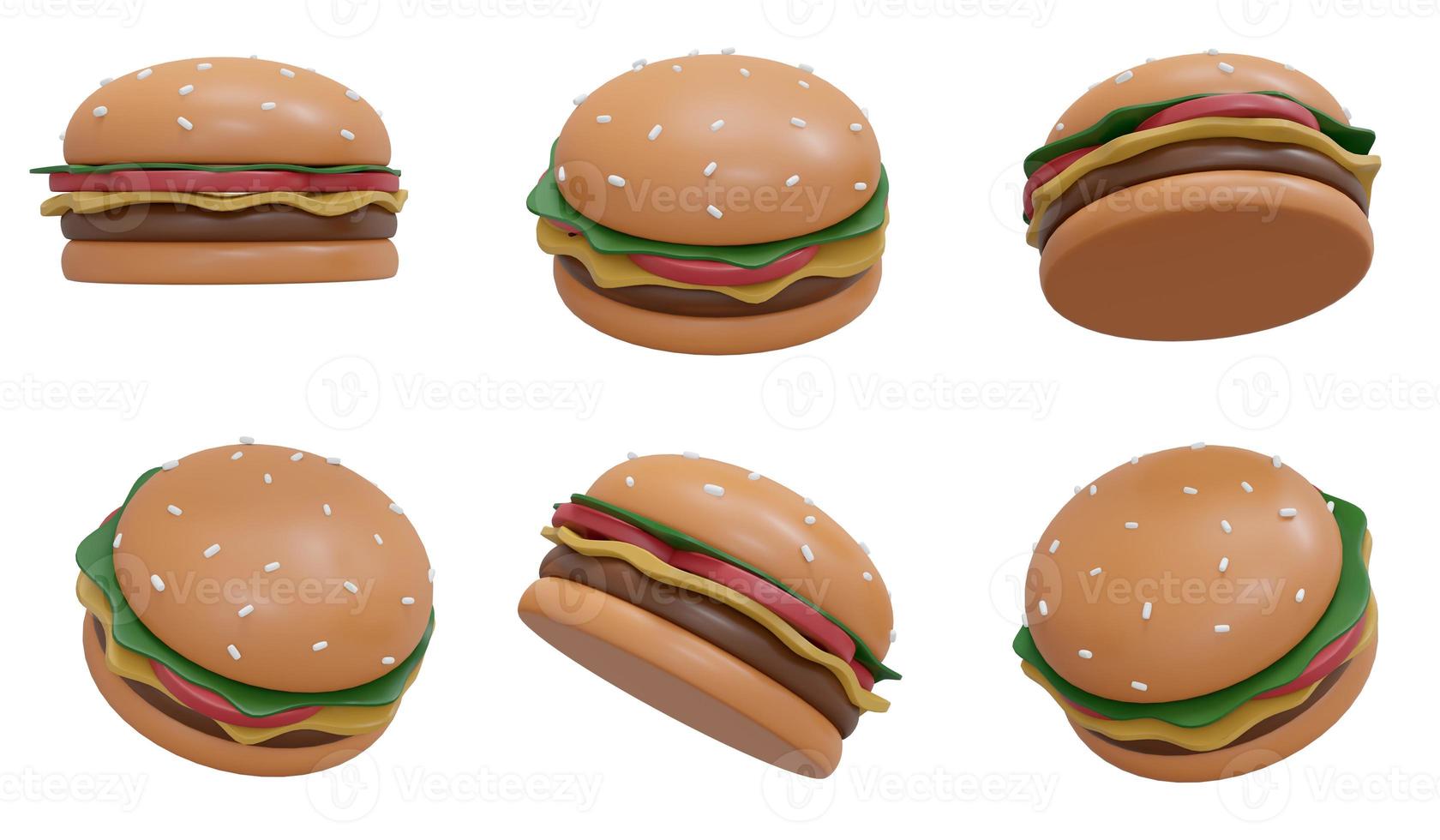 concepto de representación 3d de la comida. un conjunto de hamburguesas giratorias en muchas vistas giran en diferentes ángulos aislados en fondo blanco. procesamiento 3d ilustración 3d foto