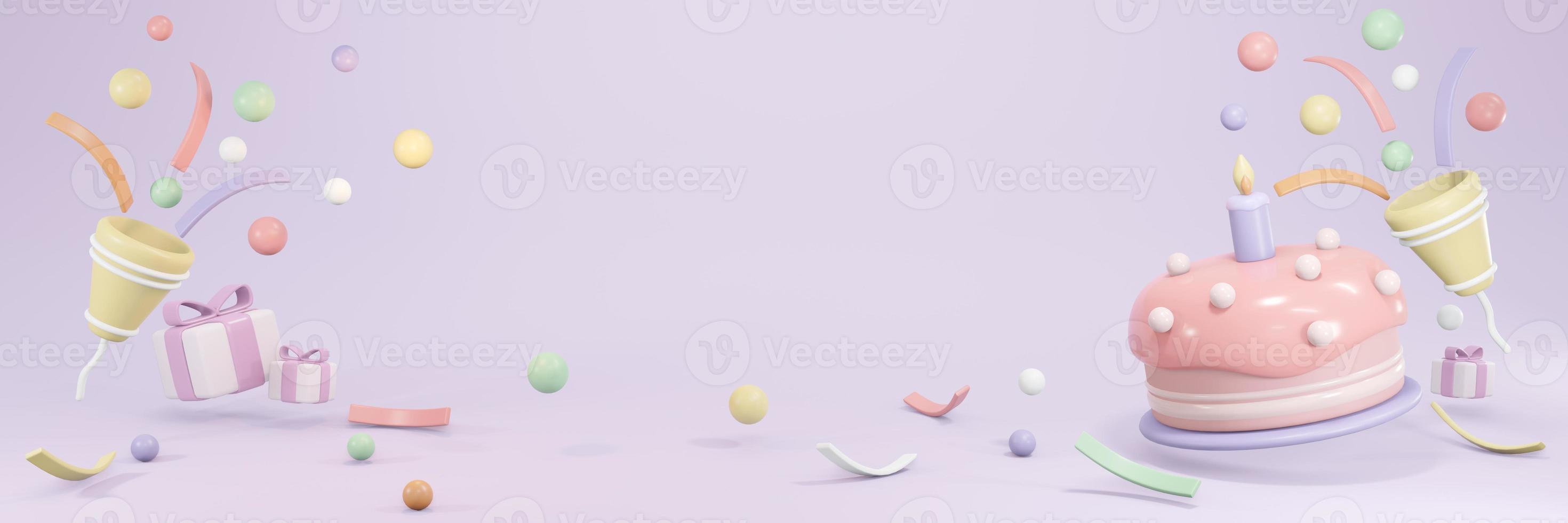3D Rendering of birthday cake with candle and party popper popping confetti in pastel theme concept of birthday party banner. 3D Render illustration. photo