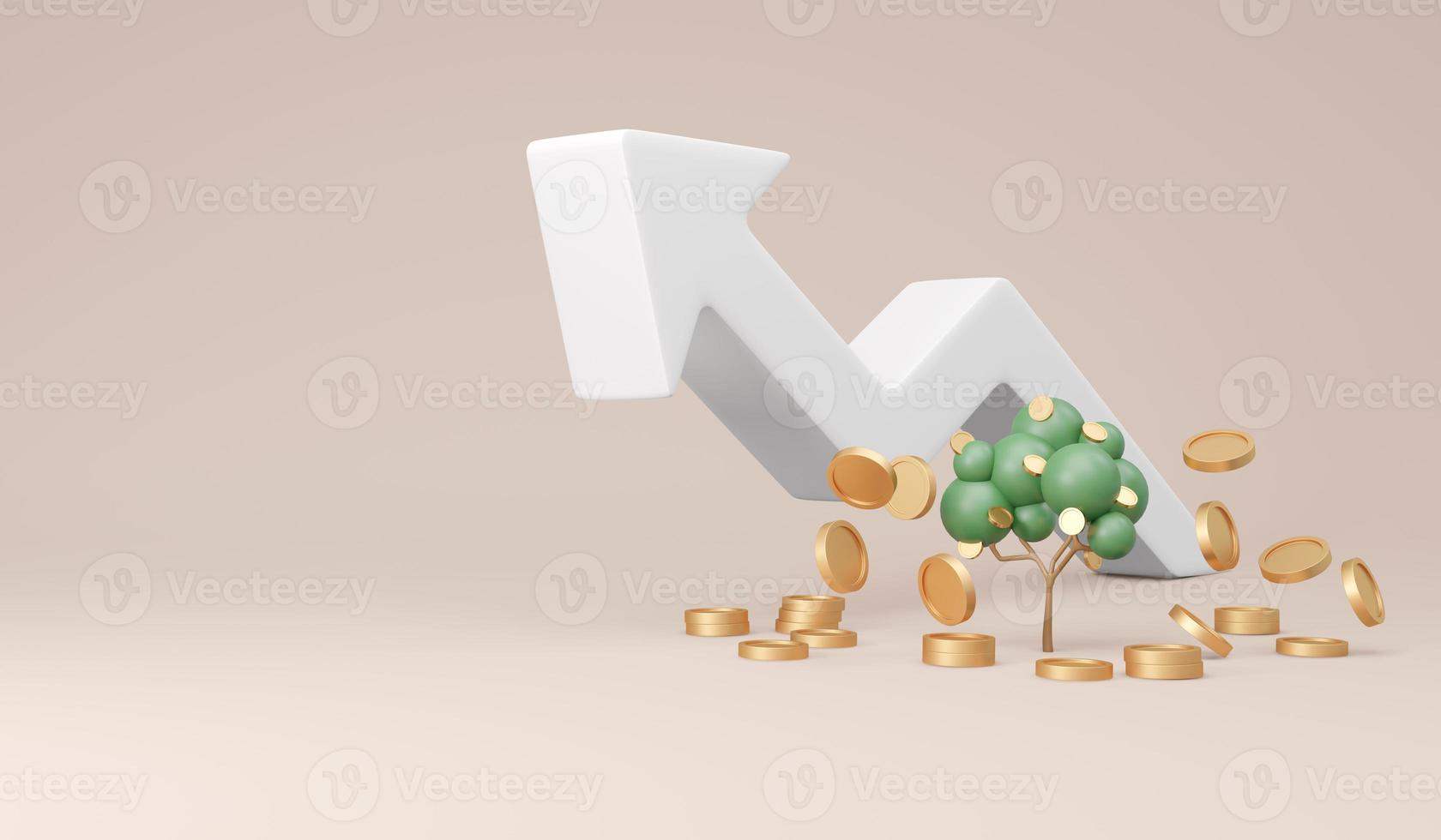 3D Rendering trees with coins falling down and arrow graph rising up with copy space on background concept of money tree financial investment. 3D Render illustration. Economic growth. photo