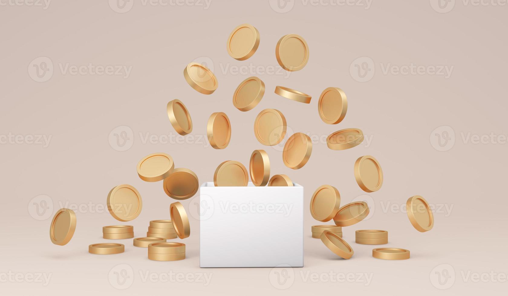 3D Rendering of money coins explode from a box on background concept of donation, money jar, savings.  3D Render illustration. photo