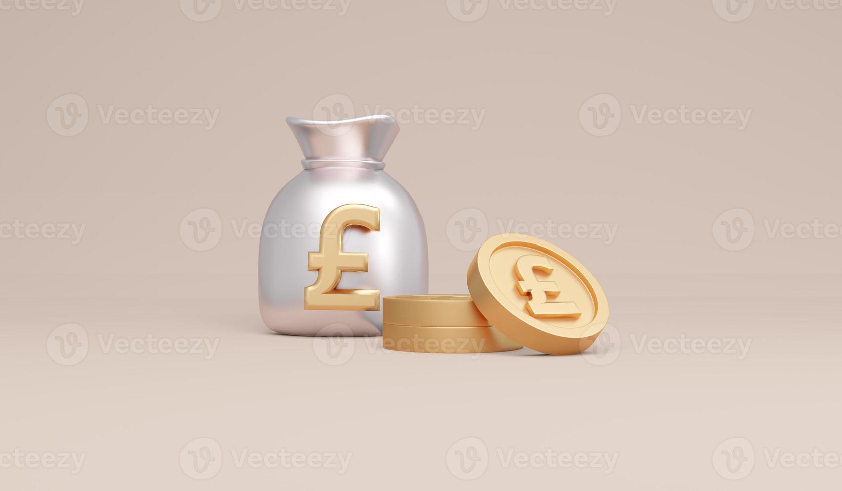 3D Rendering symbols pound money bag and coins concept of money currencies. 3D Render. 3d illustration. photo