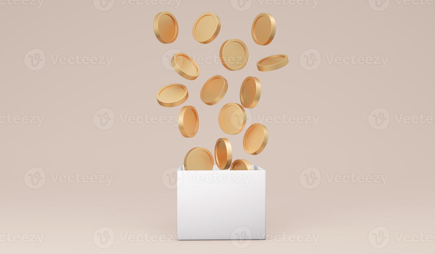 3D Rendering of money coins falling into a box on background concept of donation, money jar, savings.  3D Render illustration. photo