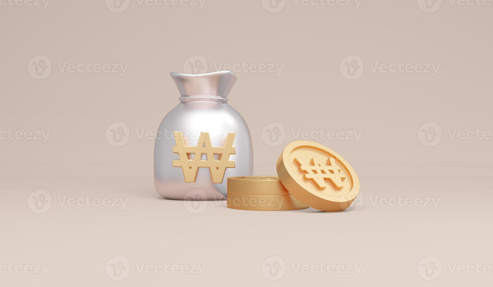 3D Rendering symbols Korean won money bag and coins concept of money currencies. 3D Render. 3d illustration. photo