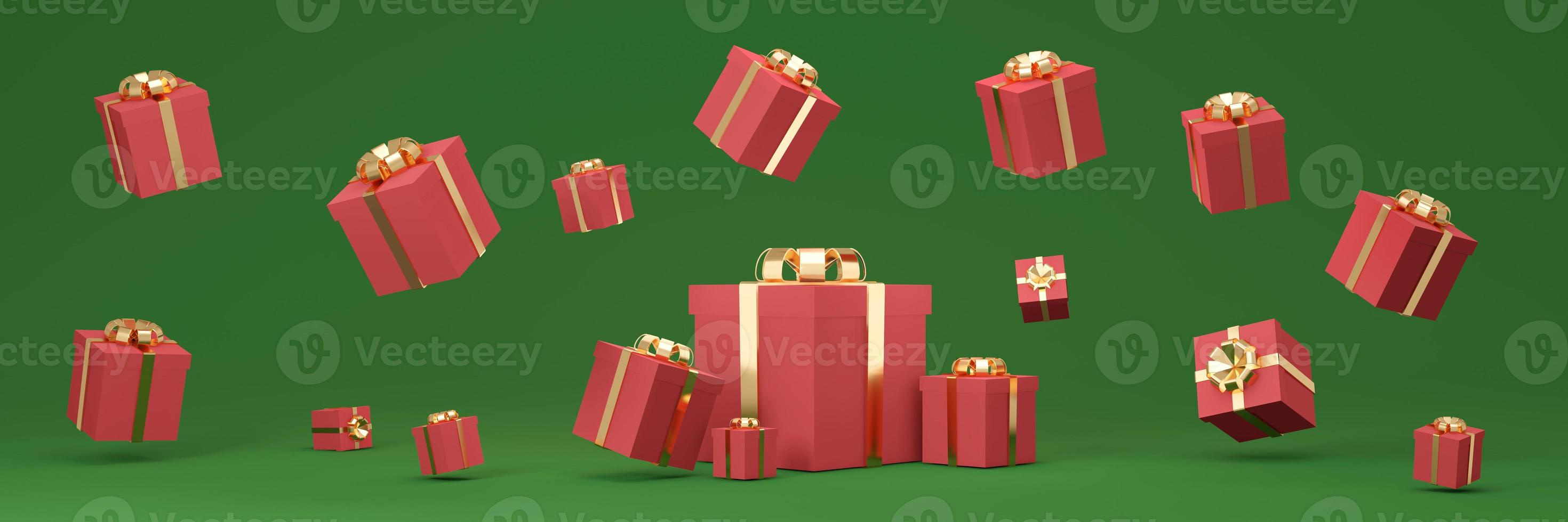 3D Rendering of wrapped gift box floating on long horizontal background in red green theme. 3D Render illustration. photo