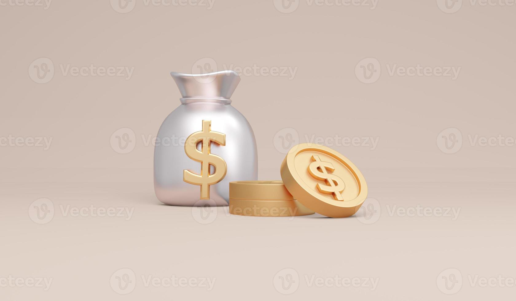 símbolos de representación 3d bolsa de dinero en dólares estadounidenses y monedas concepto de monedas de dinero. procesamiento 3d ilustración 3d foto