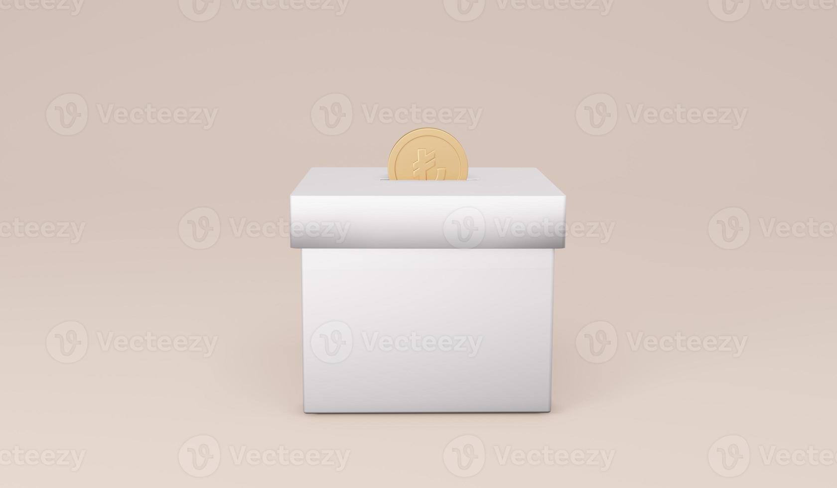 símbolos de representación 3d moneda de lira turca y concepto de caja blanca de donación de caja de dinero. procesamiento 3d ilustración 3d foto