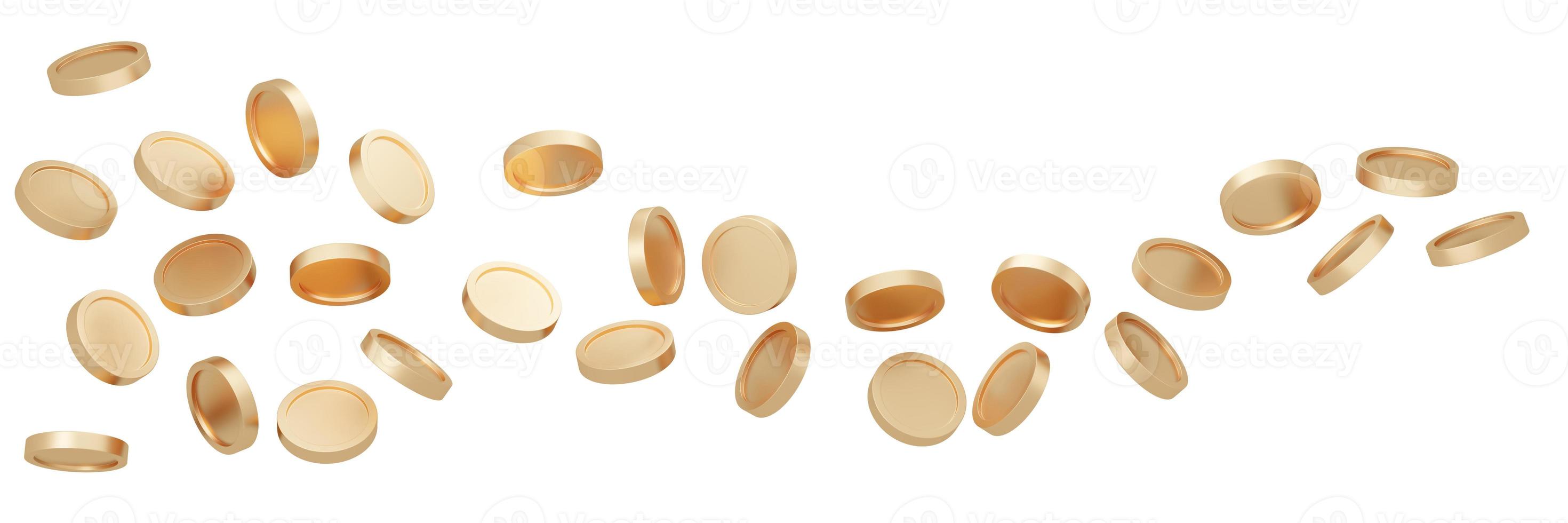 3D Rendering of money coins flying in long scene from left to right isolate on white background.  3D Render illustration. photo