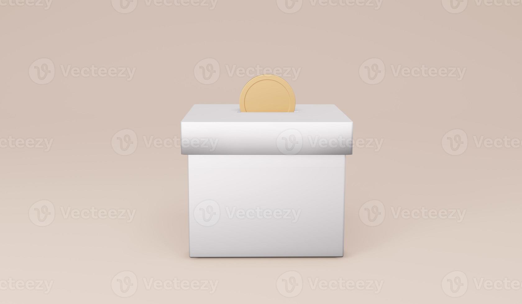 Representación 3d de una moneda de dinero en una caja sobre el concepto de fondo de donación, tarro de dinero, ahorro. Ilustración de procesamiento 3d. foto