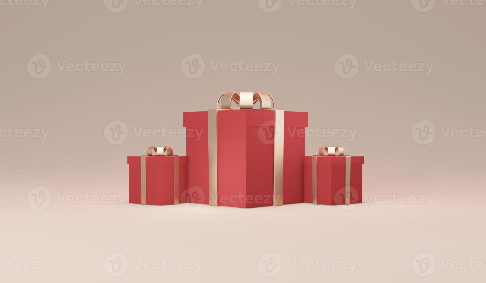 3D Rendering of wrapped gift box on horizontal background in red beige theme. 3D Render illustration. photo