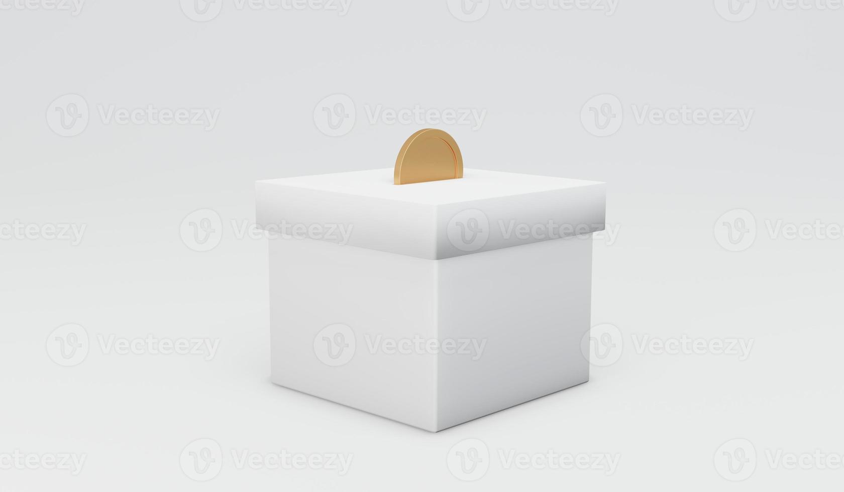 Representación 3d de una moneda de dinero en una caja aislada sobre fondo blanco concepto de donación, tarro de dinero, ahorro. Ilustración de procesamiento 3d. foto