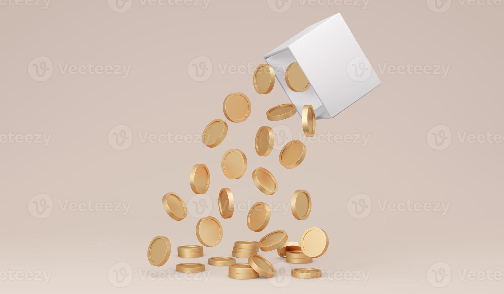 3D Rendering of money coins falling from a box on background concept of donation, money jar, savings.  3D Render illustration. photo