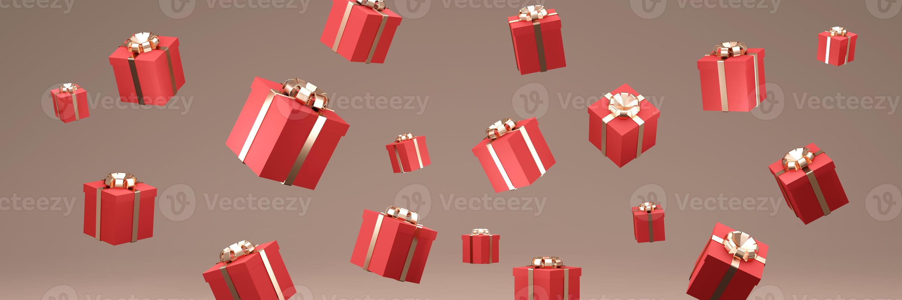 3D Rendering of red gift box with gold ribbon bow falling on background. 3D render illustration. photo