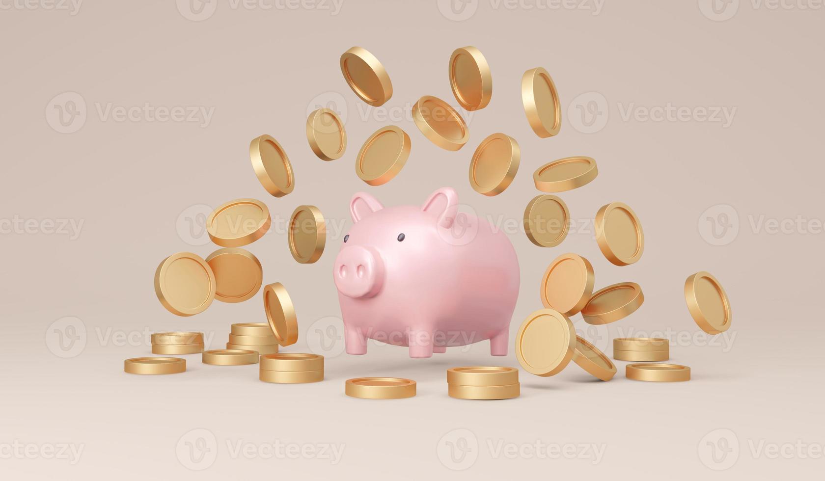 3D Rendering of money coins with piggy bank on background concept of savings, investment. 3D Render illustration. photo