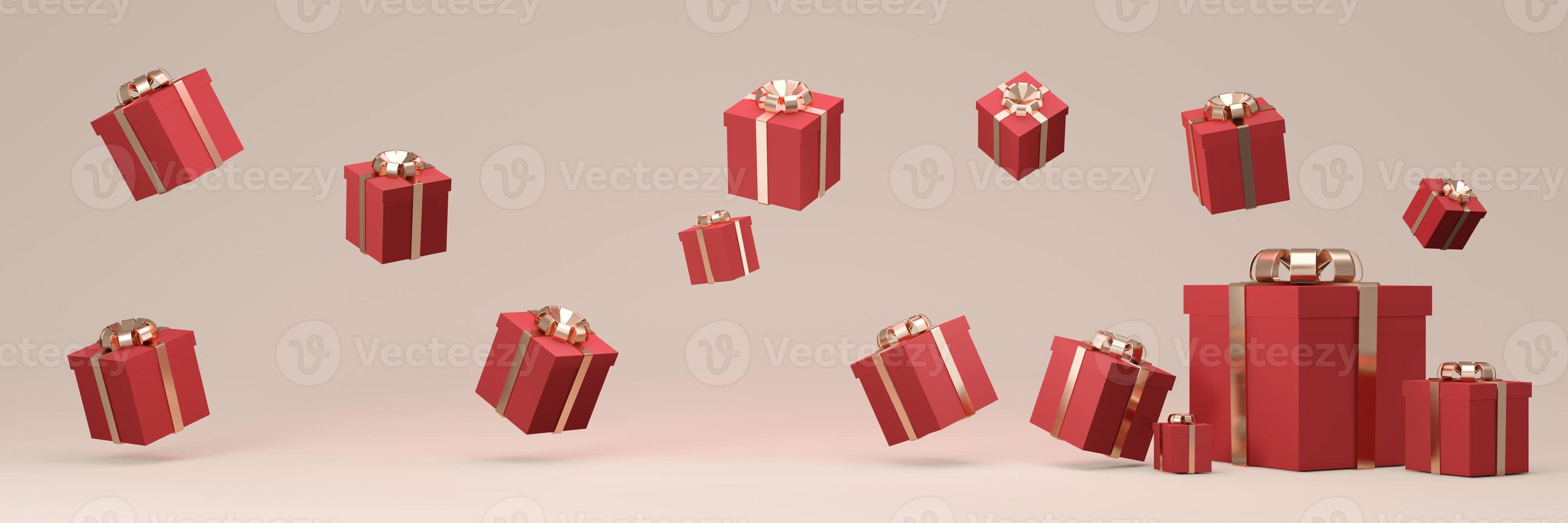 3D Rendering of wrapped gift box floating on long horizontal background in red beige theme. 3D Render illustration. photo
