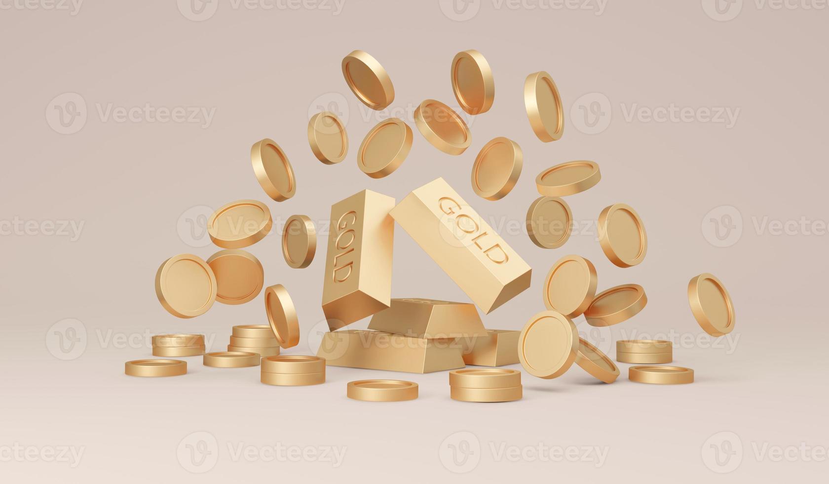 3D Rendering of money coins with gold bars on background concept of savings, investment, prosperity. 3D Render illustration. photo