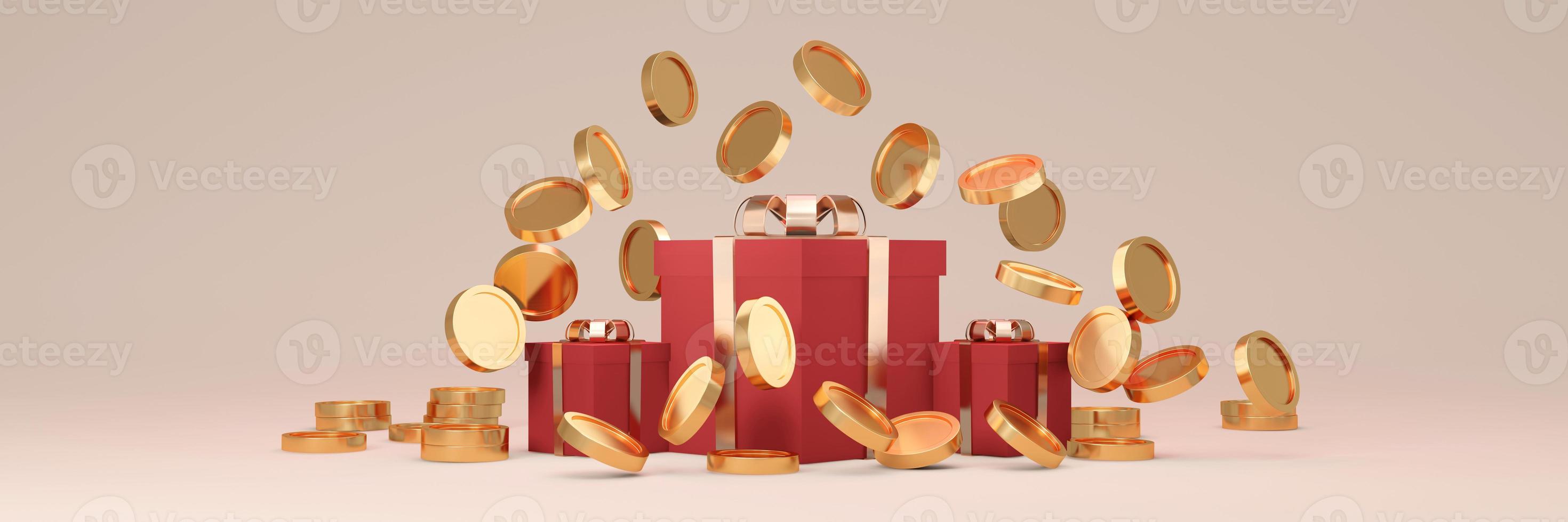 3D Rendering of red gift box with gold ribbon bow open with coins falling out on red background. 3D render illustration. photo