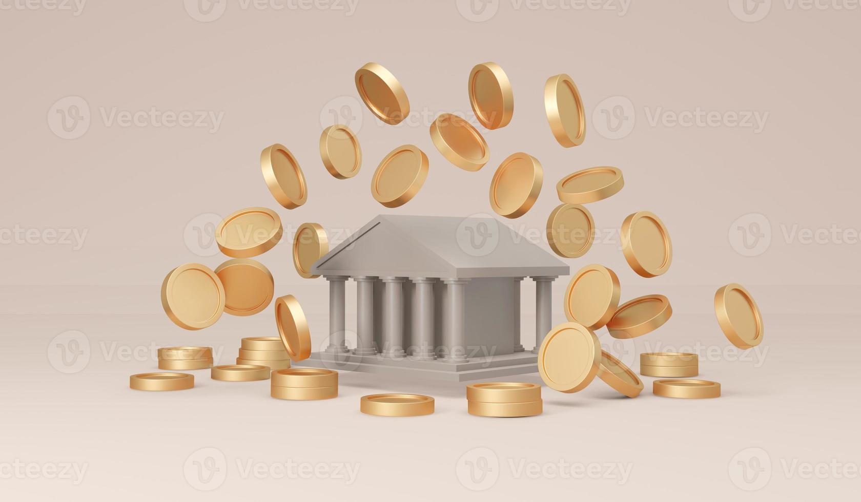 3D Rendering of a money coin with bank icon on background concept of economic, Ministry of Finance. 3D Render illustration. photo