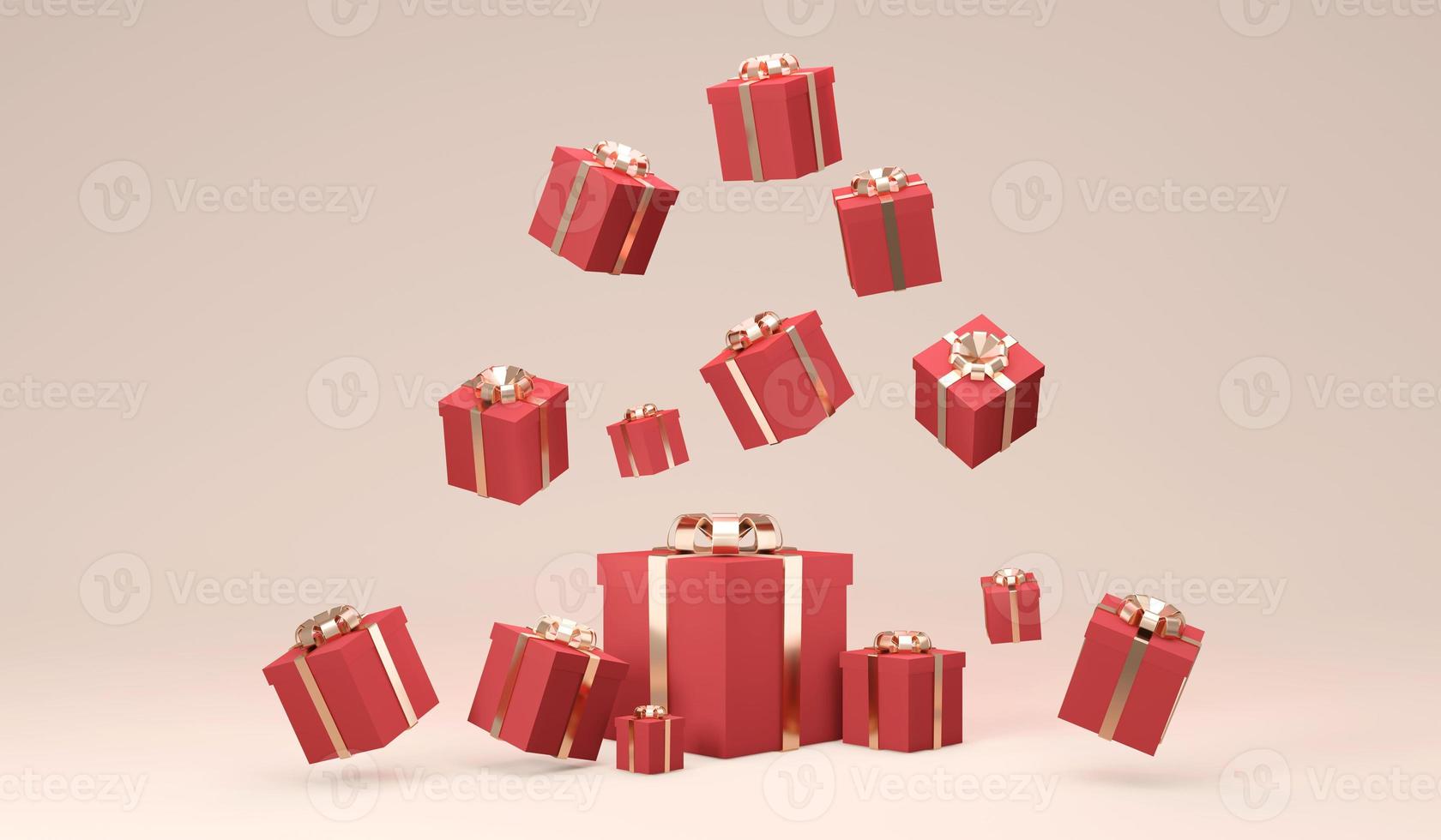 3D Rendering of red gift box with gold ribbon bow falling on background. 3D render illustration. photo