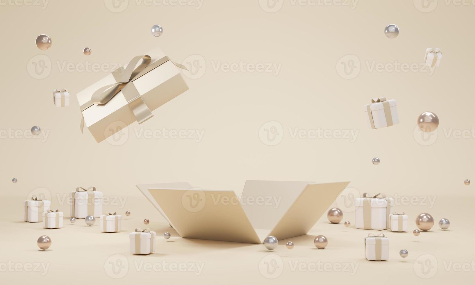 3D Rendering of gift box open explosion show blank space vouchers inside on background for commercial design. 3D Render. 3D illustration. photo