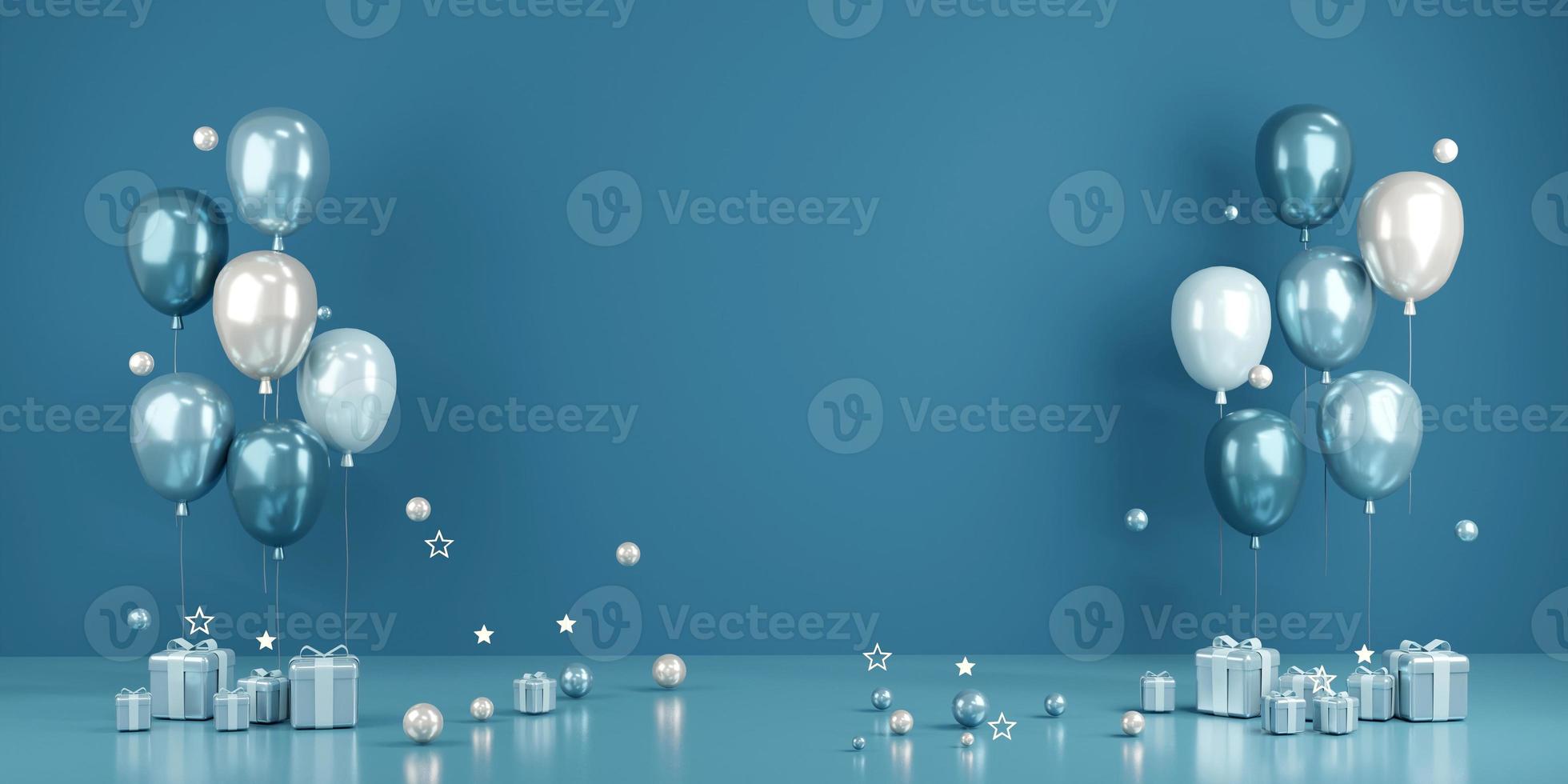 Concepto de representación 3D de fondo de evento de fiesta de boda de San Valentín de cumpleaños o para comerciales en globos temáticos azules con pared en blanco en el fondo. procesamiento 3d foto