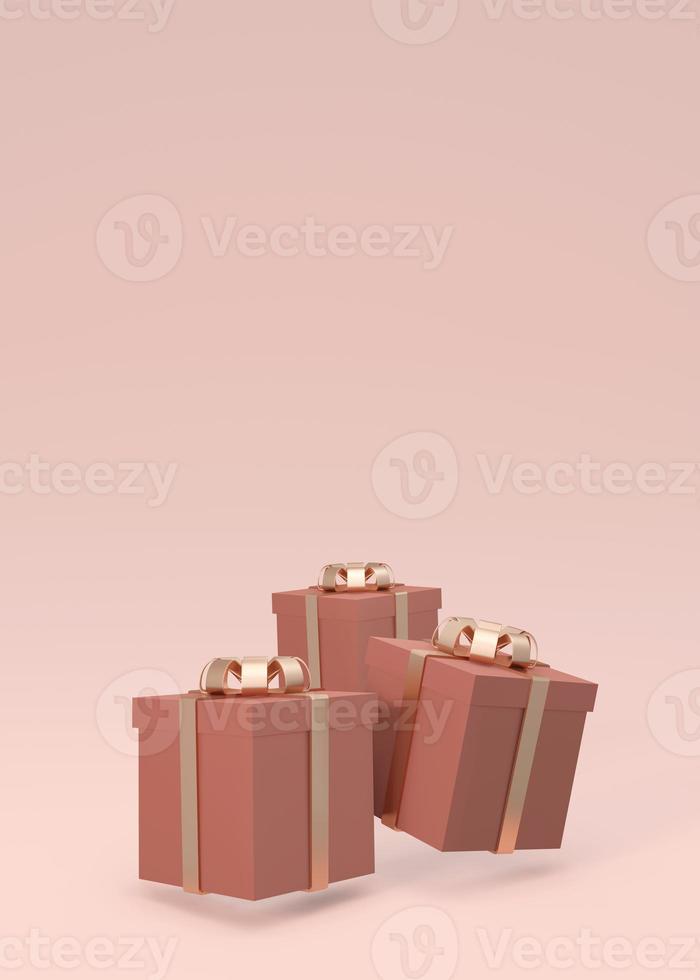 3D Rendering of wrapped gift box floating on vertical background background in pink theme. 3D Render illustration. photo