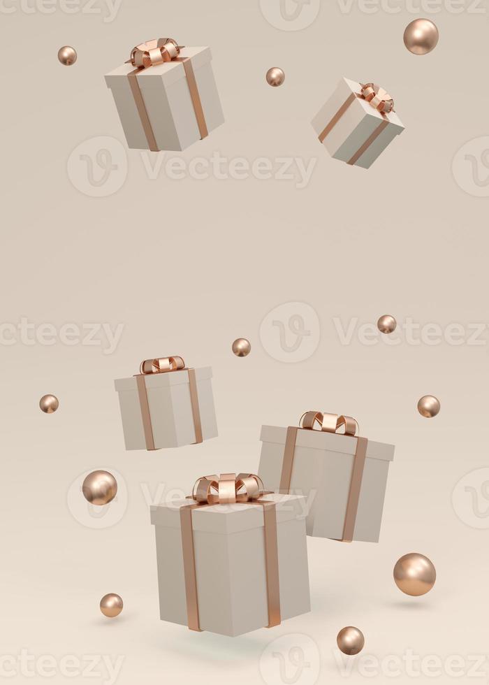 3D Rendering of wrapped gift box floating on vertical background in gold beige theme. 3D Render illustration. photo