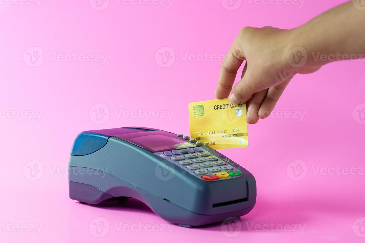 Moment of payment with a credit card through terminal  Business solutions, success and strategy concept. photo