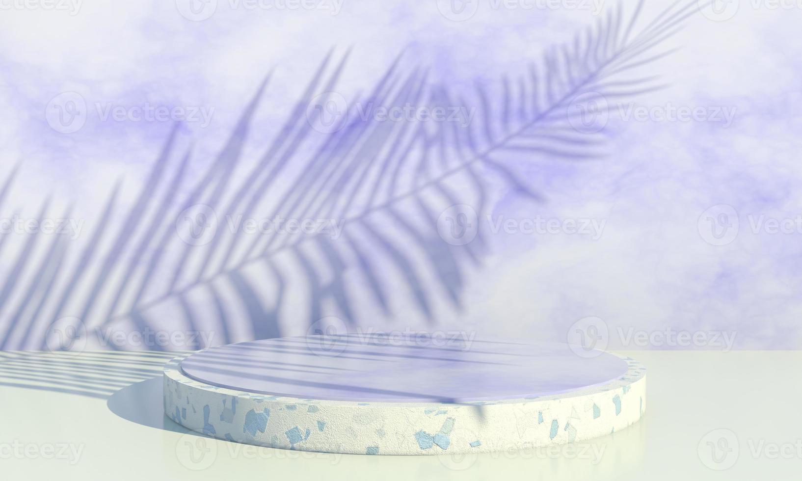 Podium with palm leaves on pastel background. Concept scene stage showcase for product, promotion, sale, banner, presentation, cosmetic. Minimal showcase empty mock up. 3d photo